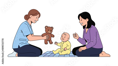 Joyful Playtime: A heartwarming scene unfolds as a caregiver and a mother interact with a happy baby, enhancing development. 