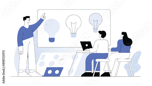vector illustration of business team brainstorming with lightbulb ideas on whiteboard for presentation or website
