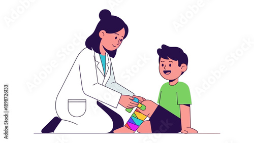 The Healing Touch: A compassionate doctor provides care for a young child, tending to an injury with gentle expertise and reassuring kindness.