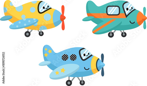 Cute cartoon airplane icon set for kids