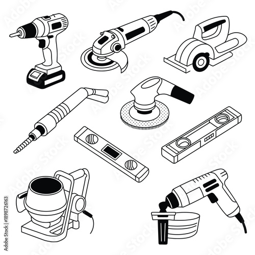 A collection of various power tools and accessories for different tasks isolated on white background, Vector, illustration