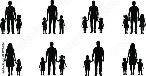 Silhouette family figures with children holding hands, diverse parent child relationships, family unity concept illustration for education