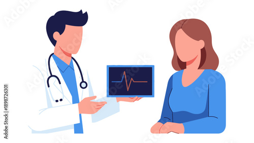 Consultation and Heartbeat: A doctor reviews the patient's heartbeat, promoting well-being and preventative health care.