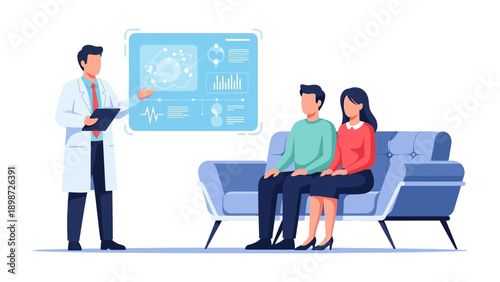 Medical Consultation: A healthcare professional, clad in a crisp white coat, elucidates complex data to a patient couple.