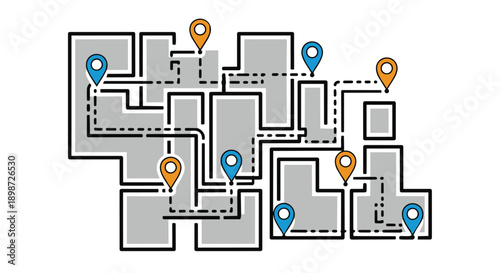 A complex maze with multiple paths and location markers