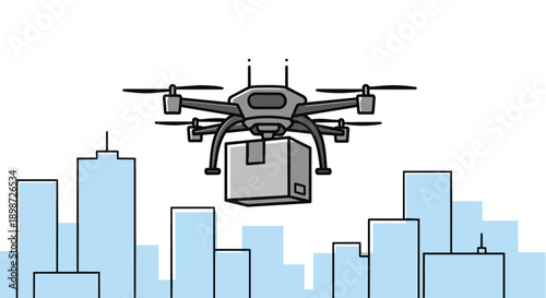 A drone flying over a city skyline with a package attached