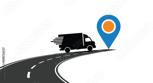 Delivery truck driving on road to location marker icon