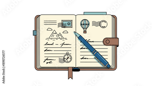 Illustration of a travel journal or adventure diary with pen, stamps, mountain sketches and hot air balloons.