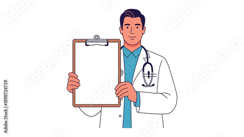 Medical Professional with Clipboard: A friendly medical professional, dressed in a doctor's coat and stethoscope, confidently presents a clipboard with blank paper, emphasizing care, expertise.