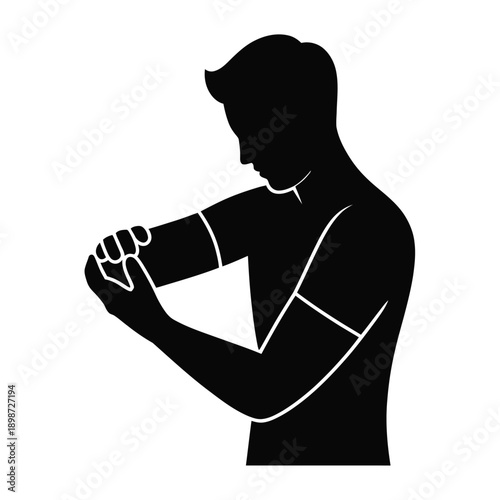 A person is shown wearing a white armband on their upper arm, depicted in black and white. isolated on white background, Vector, illustration