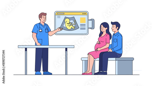 Medical Consultation: A healthcare professional points to an ultrasound, explaining the development of the unborn baby to expectant parents, providing guidance and support for their journey ahead.