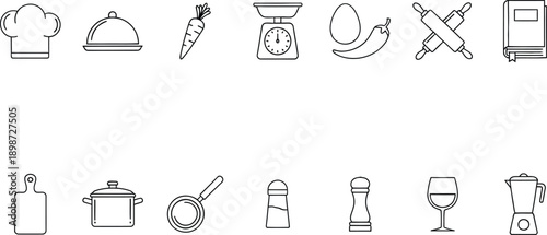 A collection of kitchen icons and utensils for cooking and food preparation