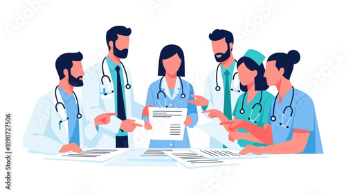 Healthcare Team Collaboration: A dedicated healthcare team in focused discussion, reviewing documents together to deliver optimal patient care.