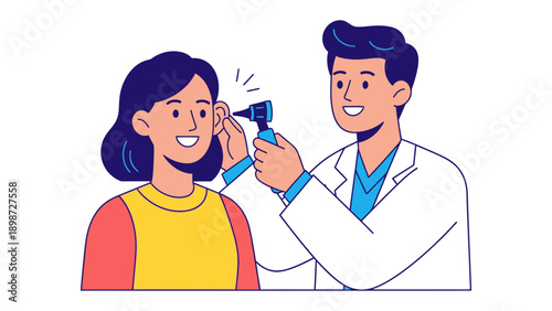 Medical Examination: A doctor performs an otoscopic examination on patient. focusing on the health and wellness