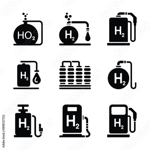 Various hydrogen fuel cell and storage system icons isolated on white background, Vector, illustration