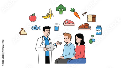 Healthy Meal Planning: A healthcare professional advising a couple about a well-balanced diet, with an array of healthy foods illustrated in a colorful display.
