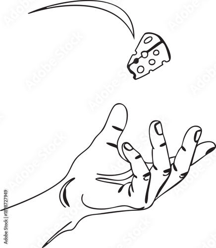 A hand reaches up to catch a falling pizza slice in mid-air illustration