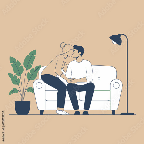 Kiss Day couple kissing on sofa pastel flat illustration bundle