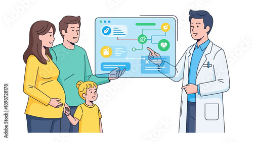 Family Medical Consultation: A friendly and skilled doctor presents health information on a digital interface to a family, emphasizing preventative care.