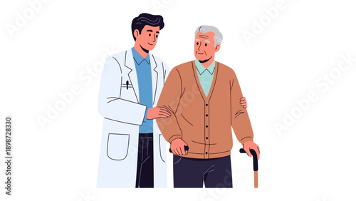Gentle Support: A doctor offers compassionate assistance to an elderly individual. The image captures the essence of care and support.