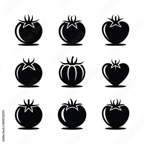 A collection of nine distinct black and white tomato illustrations isolated on white background, Vector, illustration