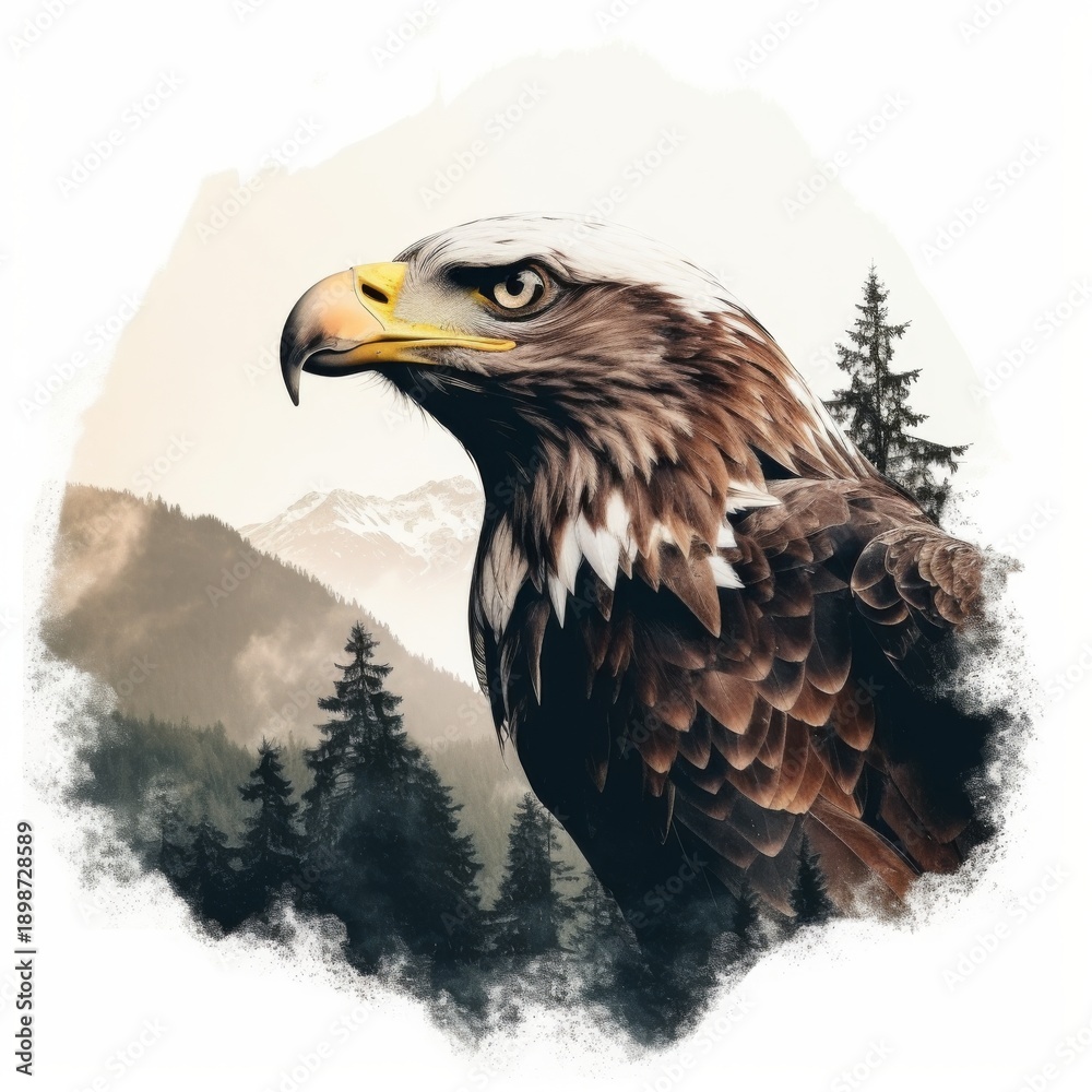 Obraz premium Majestic eagle perched prominently against a serene mountain backdrop surrounded by lush evergreen trees