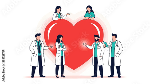Heart Health Care Professionals: A team of dedicated healthcare professionals united by the shared goal of promoting and protecting the heart's health, depicted around a vibrant heart.