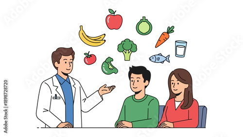Nutritional Consultation: A healthcare professional advising a couple on a healthy diet, with a variety of fruits, vegetables, and other nutritious foods presented around them.