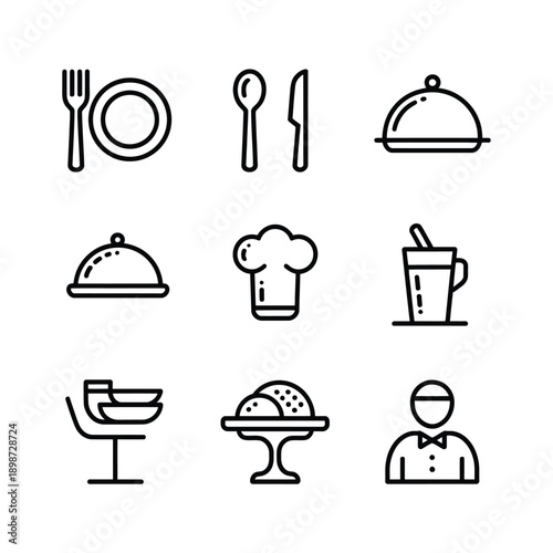 Assorted icons representing various aspects of the food and restaurant industry isolated on white background, Vector, illustration