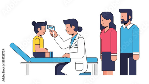 Medical Checkup: A doctor uses a thermometer to check a patient's temperature while the patient's parents look on.  The scene captures the moment of care and concern.