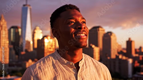 Wallpaper Mural Young Black man smiling in front of New York City skyline at sunset Torontodigital.ca