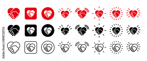 Handshake heart icon set, logo mark representing partnership, charity, agreement and love, various emphasis lines matching the handshake heart