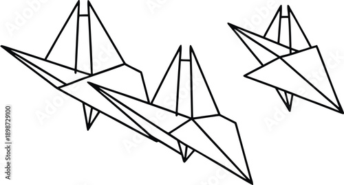 Black and white geometric origami crane wireframe with intersecting lines