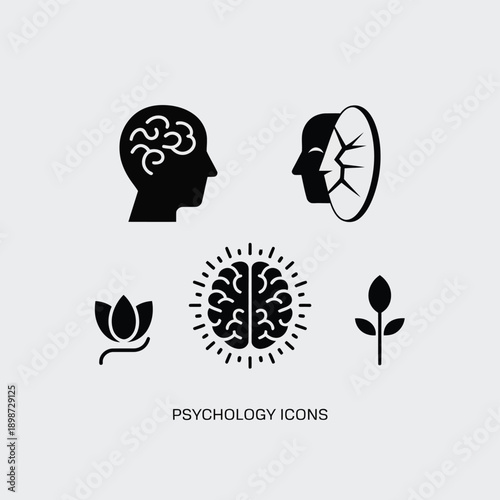 Collection of psychology icons featuring brain, face, and plant symbols isolated on white background, Vector, illustration