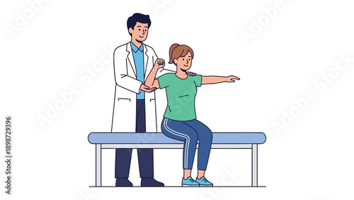 Medical examination: A physician is assisting the patient with their arm movement, focusing on the diagnosis of the illness. The drawing evokes feelings of care and scientific curiosity.