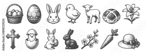 Vintage Engraving Style Easter Icon Set Featuring Bunny Rabbit Eggs Chick Lamb and Religious Cross for Spring Holiday Graphic Design