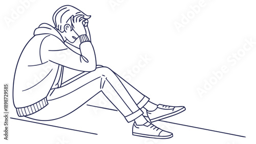 Line of a person sitting alone with head resting on knees in contemplation line person sitting sadness