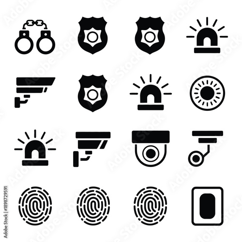 Collection of icons representing law enforcement and security equipment isolated on white background, Vector, illustration