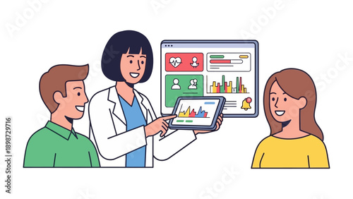 Medical Consultation: A dedicated doctor presents medical insights on a tablet, illustrating data and trends to a couple, signifying transparent patient communication.