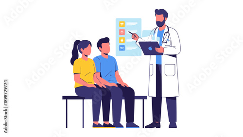 Consultation and Care: A doctor in a white coat consults with a couple, offering expert guidance. the scene epitomizes medical care, support, and health awareness.