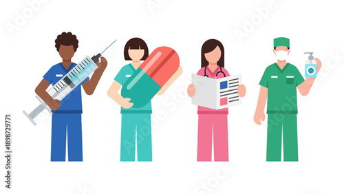 Healthcare Professionals in Focus: A dedicated team of healthcare professionals stands ready, each holding essential tools of their trade, symbolizing care, research.