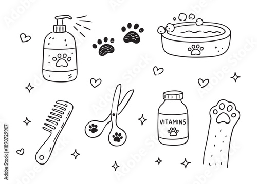 Pet grooming tools doodle line art set