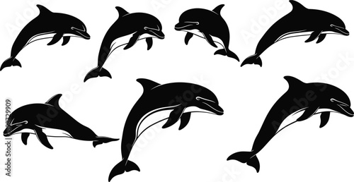 Black Dolphin Silhouette Collection Showing Jumping Marine Mammals, Minimalist Vector Sea Animal Illustrations, Ocean Wildlife Designs, and Elegant Aquatic Elements for Creative Projects