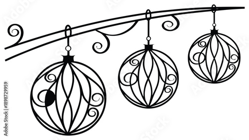 Three black ornate hanging baubles on a decorative rod in monochrome line black and white line baubles