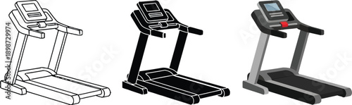 Collection of treadmill icons in outline silhouette and realistic styles representing fitness equipment for gym and home workouts