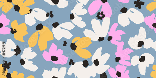 Seamless vector floral pattern featuring vibrant yellow, soft pink, and crisp white blooms against a serene blue backdrop in a modern, hand-painted style. Ideal for textile design, packaging