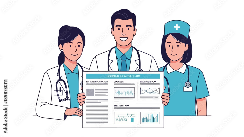 Fototapeta premium Medical Team and Chart: A dedicated medical team, comprised of a doctor and nurses, collaborates over a detailed health chart. Together they analyze data.