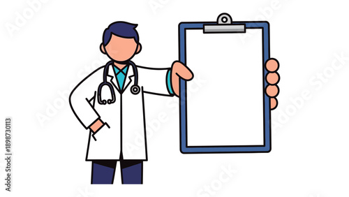 Healthcare Advocate Illustration: A doctor in a pristine coat gestures towards a blank clipboard, presenting a symbol of healthcare, communication, and patient care.