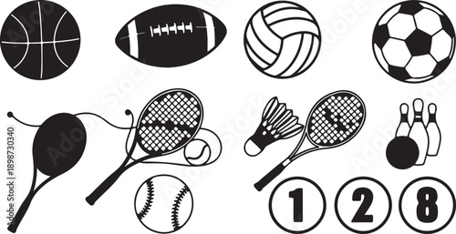 A collection of various sports equipment and balls