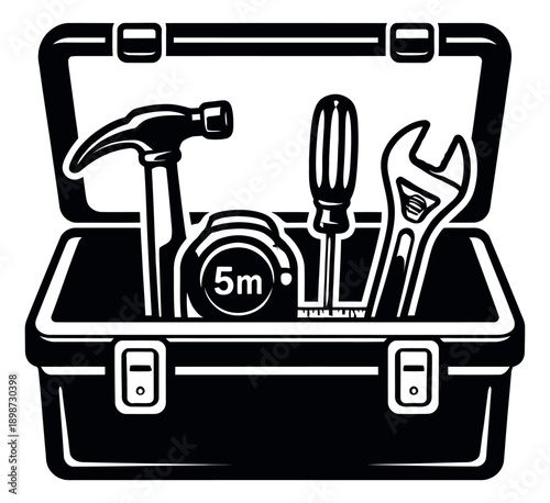 Vector graphic toolbox set featuring a hammer, screwdriver, wrench, and tape measure for home repair and construction